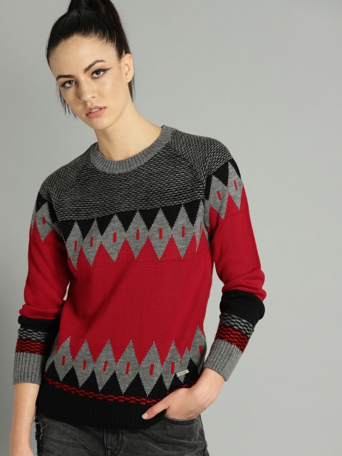 

Roadster Women Red & Grey Self Design Sweater