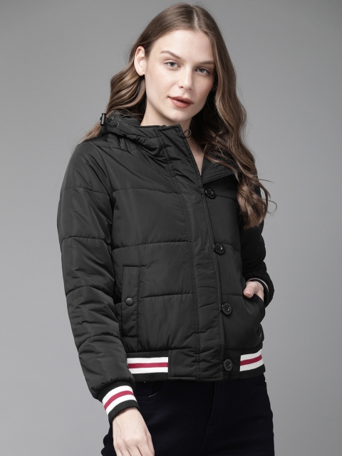 

Roadster Women Black Solid Hooded Bomber Jacket