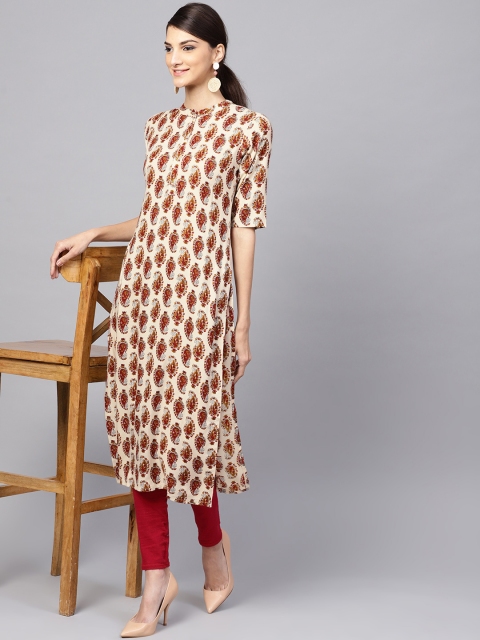 

Libas Women Beige & Maroon Printed Straight Kurta