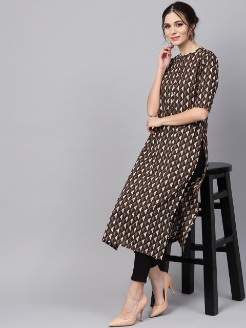 

Libas Women Brown & Off-White Printed Straight Kurta