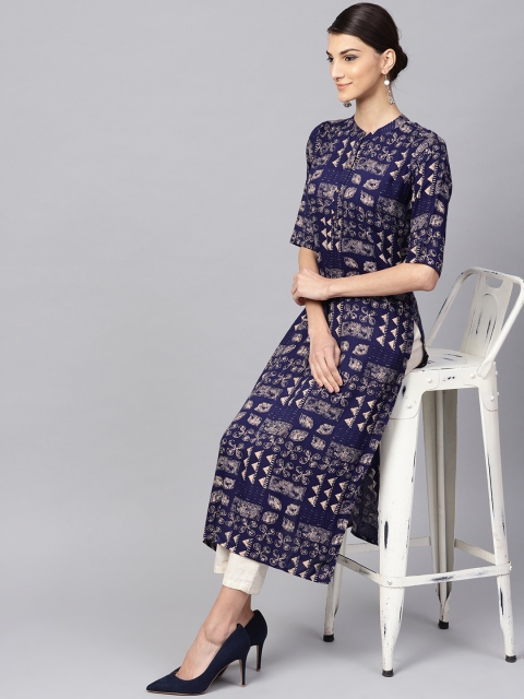 

Libas Women Navy Blue & Beige Printed Straight Kurta