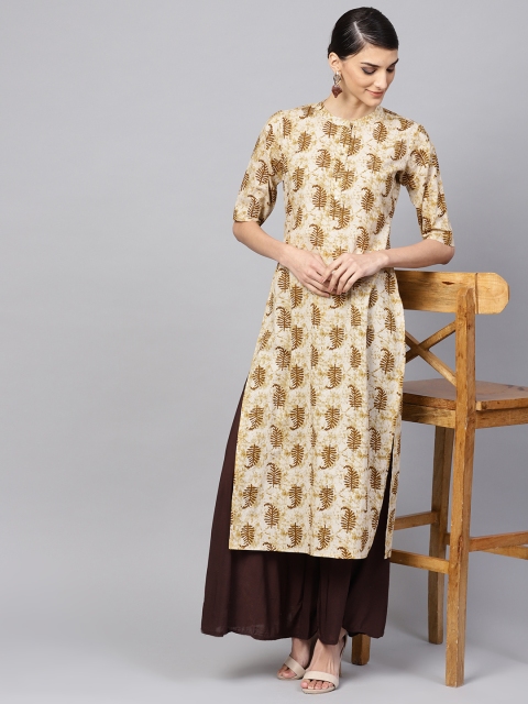

Libas Women Beige & Mustard Brown Printed Straight Kurta