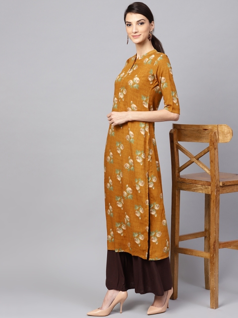 

Libas Women Mustard Yellow & Beige Floral Print Straight Kurta