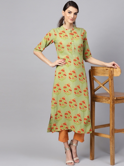 

Libas Women Green & Orange Printed Straight Kurta