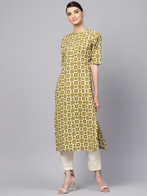 

Libas Women Beige & Olive Green Printed Straight Kurta