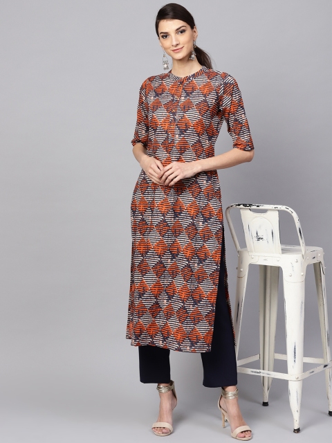 

Libas Women Beige & Orange Printed Straight Kurta