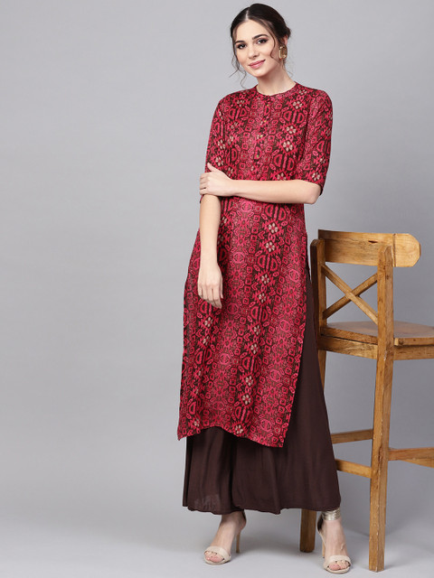 

Libas Women Pink & Brown Printed Straight Kurta