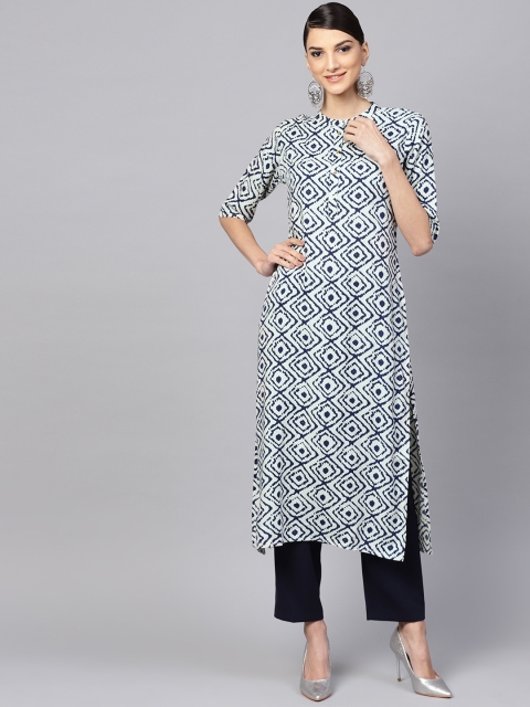 

Libas Women Off-White & Navy Blue Printed Straight Kurta