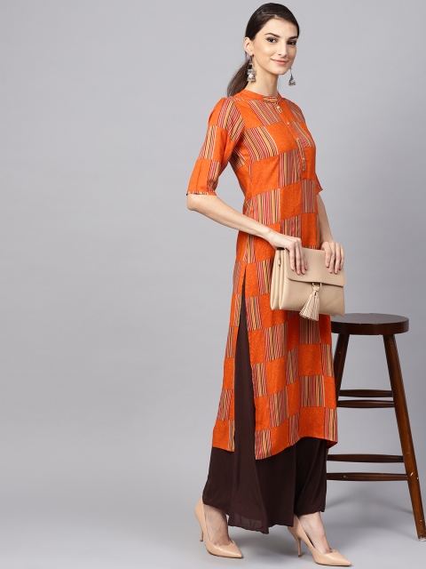 

Libas Women Orange & Beige Checked Straight Kurta