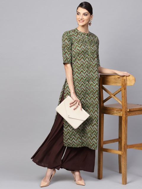 

Libas Women Brown & Green Printed Straight Kurta