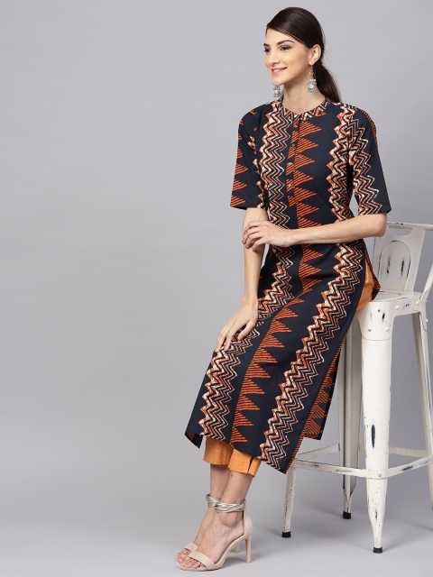 

Libas Women Navy Blue & Orange Printed Straight Kurta