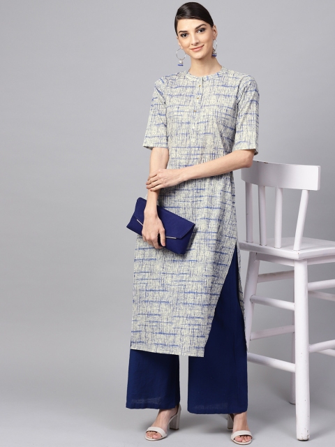

Libas Women Beige & Blue Printed Straight Kurta