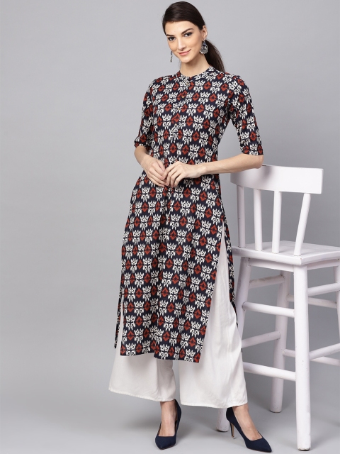 

Libas Women Navy & White Printed Straight Kurta, Navy blue