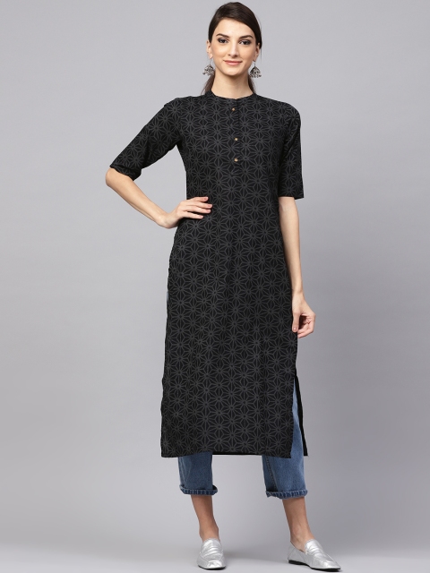 

Libas Women Black & Grey Printed Straight Kurta