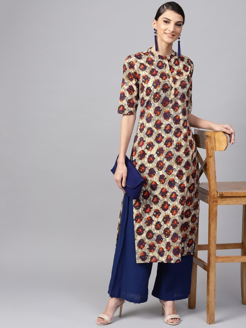 

Libas Women Beige & Navy Blue Printed Straight Kurta