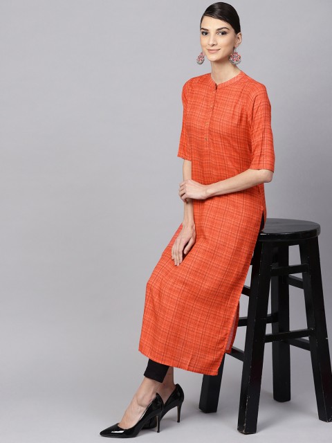 

Libas Women Coral Orange Checked Straight Kurta