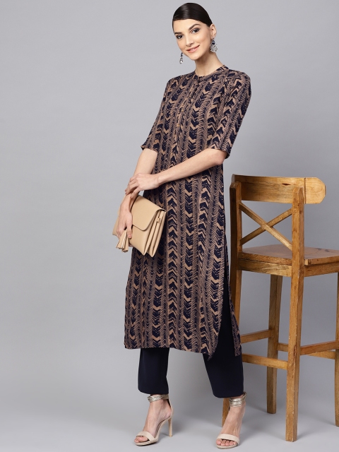 

Libas Women Navy Blue & Brown Printed Straight Kurta