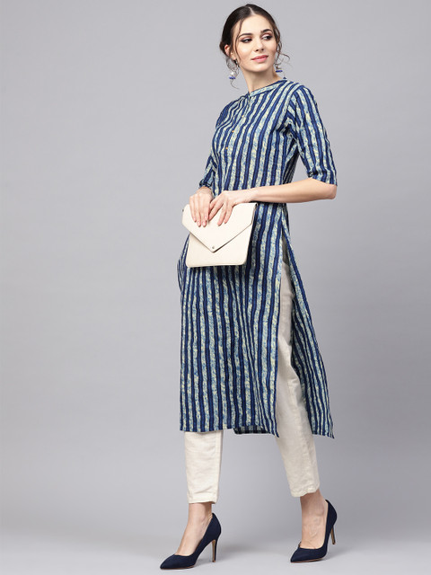 

Libas Women Blue Striped Straight Kurta, Navy blue