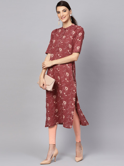 

Libas Women Rust Red & Peach-Coloured Floral Print Straight Kurta