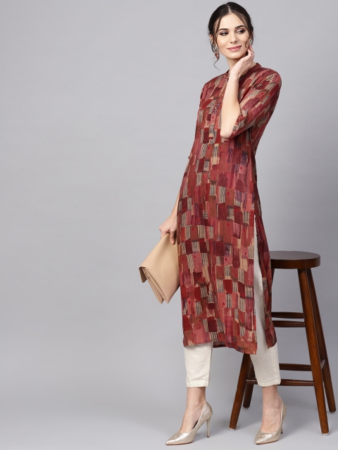 

Libas Women Brown & Maroon Printed Straight Kurta