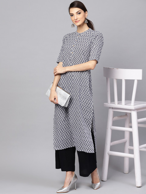 

Libas Women White & Grey Printed Straight Kurta