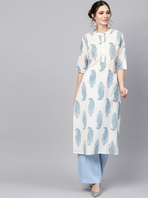 

Libas Women White & Blue Printed Straight Kurta