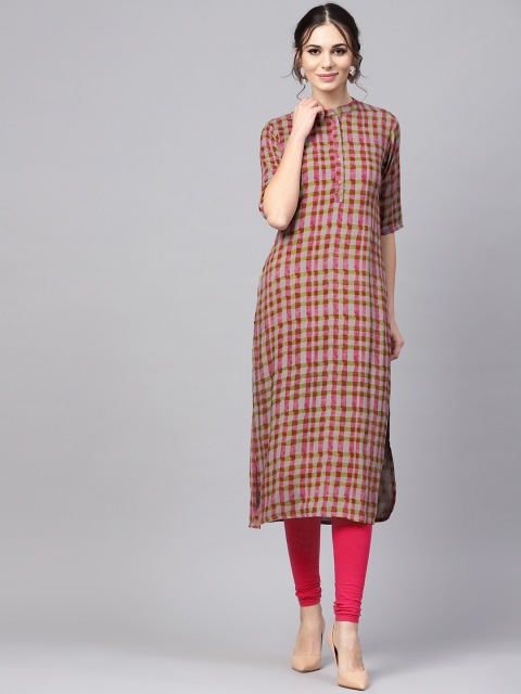

Libas Women Grey & Pink Checked Straight Kurta