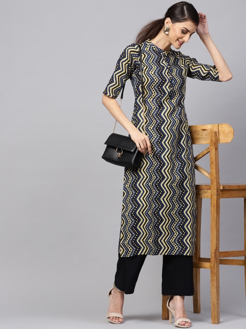 

Libas Women Navy Blue & Green Printed Straight Kurta