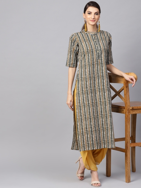 

Libas Women Beige & Green Striped Straight Kurta