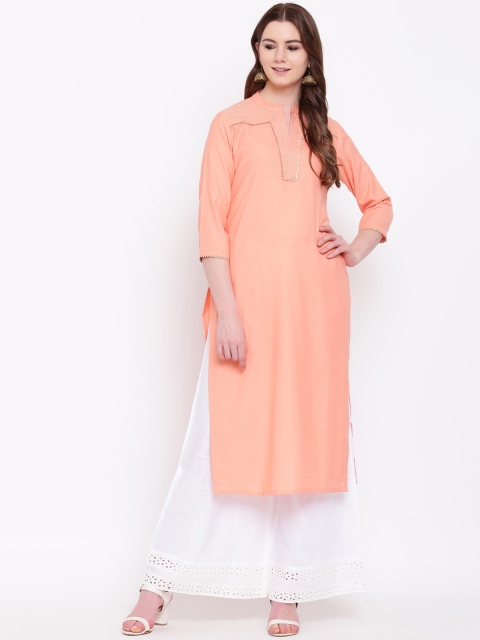 

Shakumbhari Women Peach-Coloured Embroidered Straight Kurta