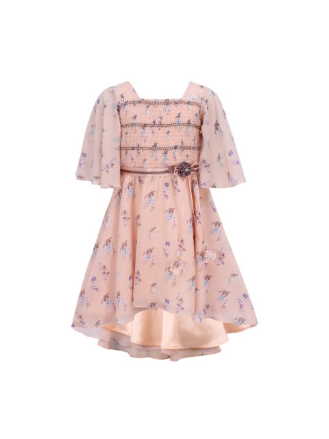 

CUTECUMBER Girls Peach-Coloured Printed Fit and Flare Dress