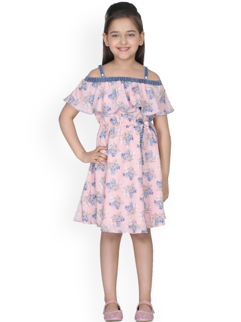 

CUTECUMBER Girls Peach-Coloured Printed Fit and Flare Dress