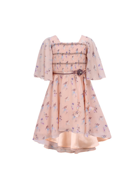 

CUTECUMBER Girls Peach-Coloured Printed Fit and Flare Dress