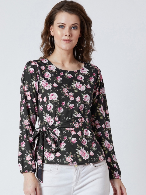 

The Dry State Women Black Floral Print Cinched Waist Top