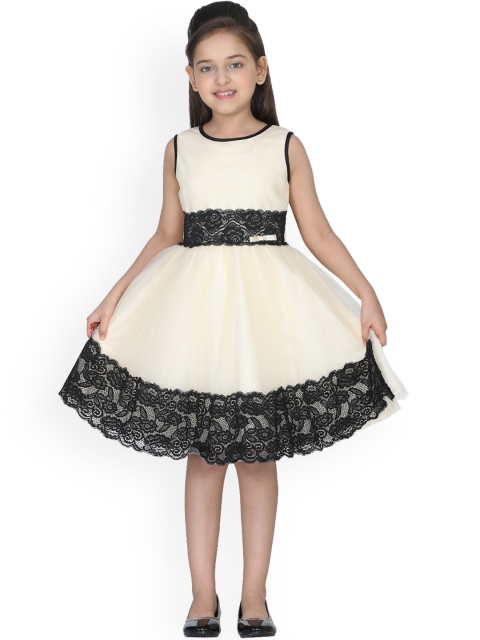 

CUTECUMBER Girls Cream-Coloured & Black Self Design Fit and Flare Dress