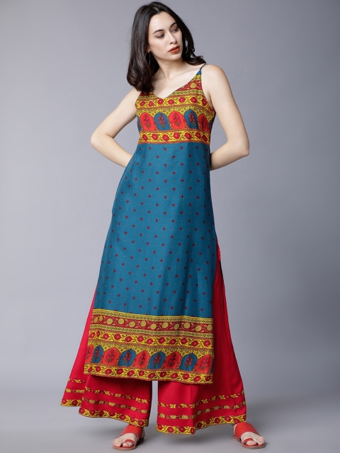 

Vishudh Women Teal Blue Printed Kurti with Palazzos