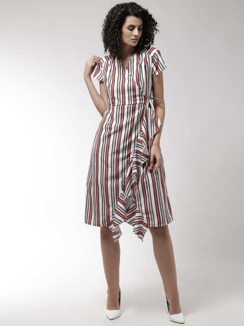 

Madame Women White & Rust Orange Striped Ruffled Wrap Dress