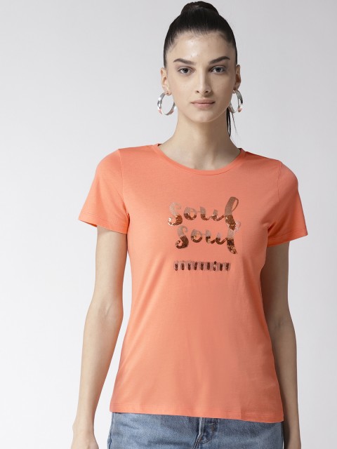 

Madame Women Peach-Coloured Printed Round Neck T-shirt