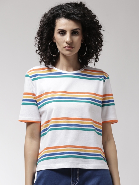 

Madame Women White & Blue Striped Round Neck T-shirt