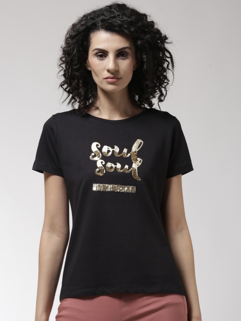 

Madame Women Black Printed Round Neck T-shirt