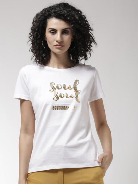 

Madame Women White Printed Round Neck T-shirt