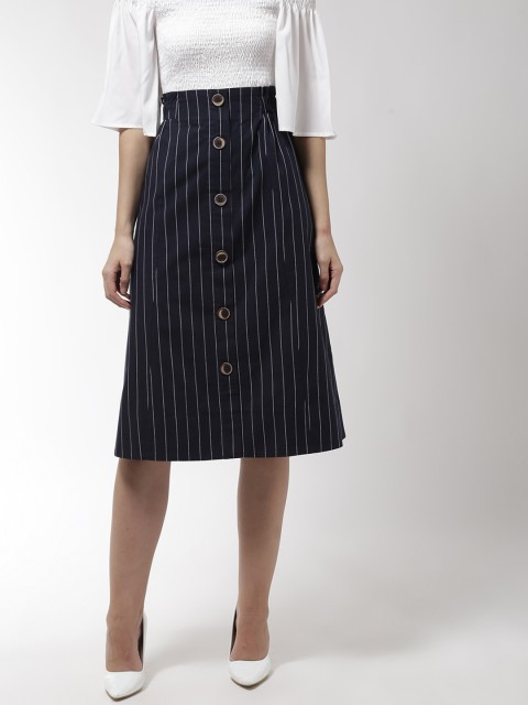 

Madame Women Navy Blue Striped Midi A-line Pure Cotton Skirt
