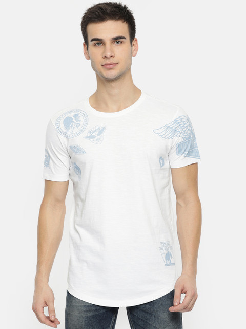 

SPYKAR Men White Printed Round Neck Pure Cotton T-shirt