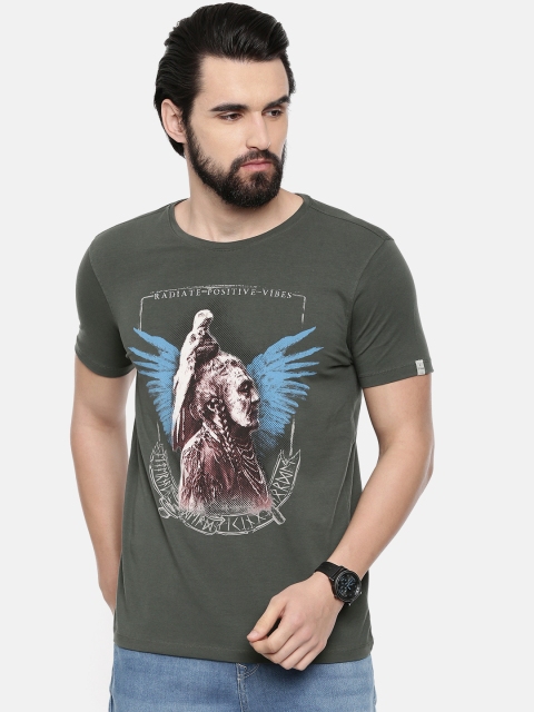 

SPYKAR Men Olive Green Printed Round Neck T-shirt