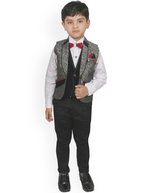 

SG YUVRAJ Boys Grey & Black Self Design Tuxedo Party Suit