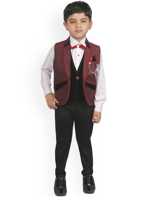 

SG YUVRAJ Boys Red & Black Self Design Tuxedo Party Suit