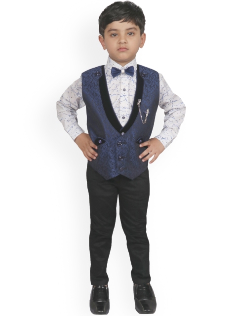 

SG YUVRAJ Boys White & Navy Blue Self Design Tuxedo Party Suit