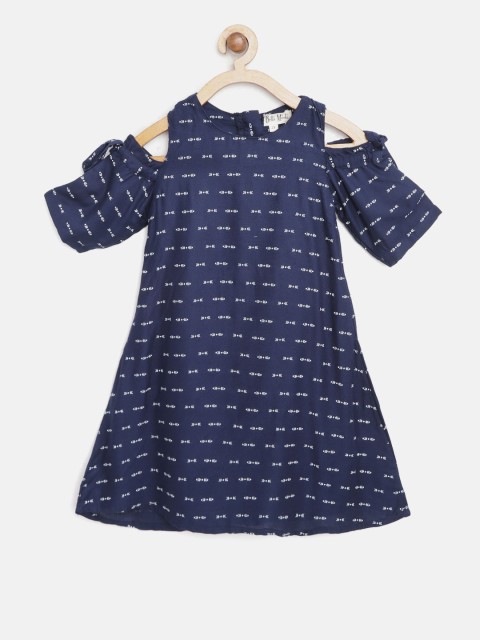 

Bella Moda Girls Navy Blue & White Printed Striped Cold Shoulder A-Line Dress