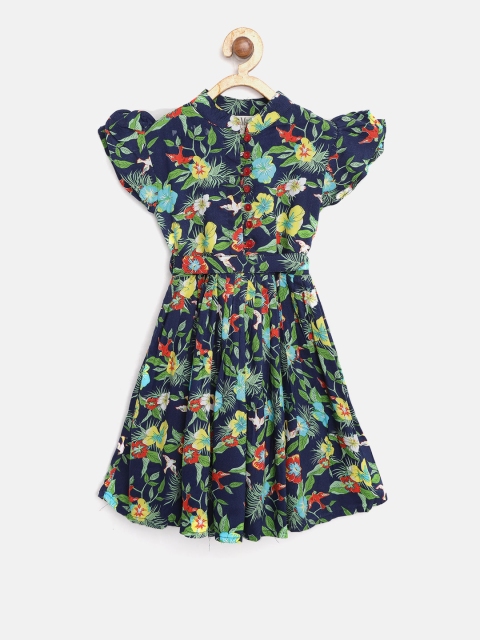 

Bella Moda Girls Navy Blue & Green Printed Fit and Flare Dress