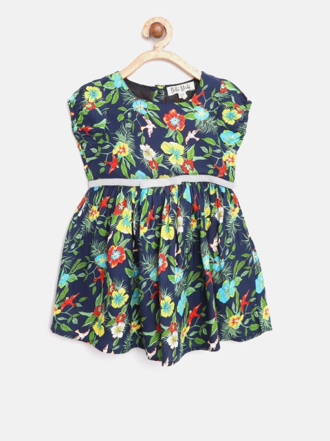 

Bella Moda Girls Navy Blue & Green Printed Fit and Flare Dress